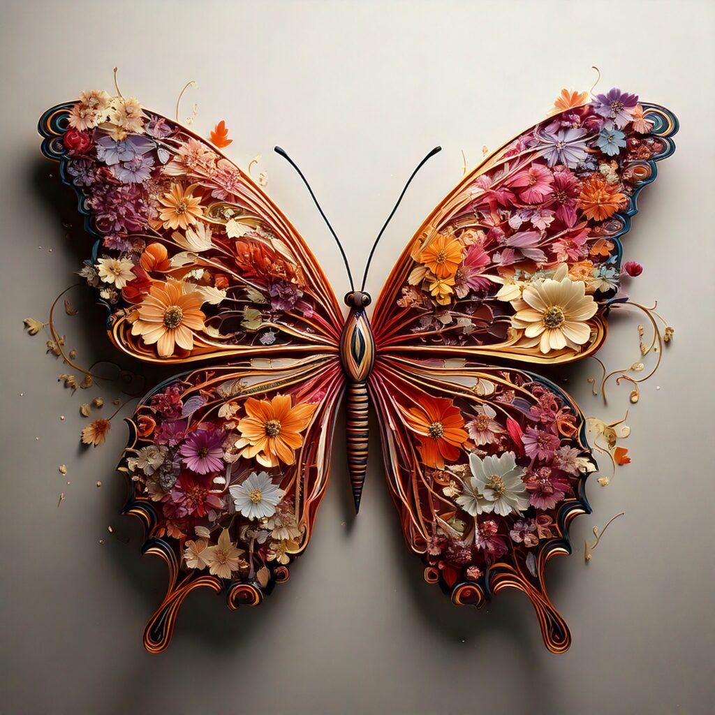 Vlinder gemaakt van bloemen – kleurrijk kunstwerk met nazomerbloemen